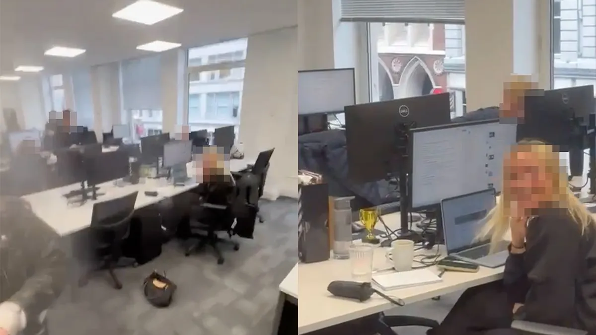 thumb vk koppeltje waarvan iedereen hun daad kon zien op drukke straat wordt toegezongen op kantoor