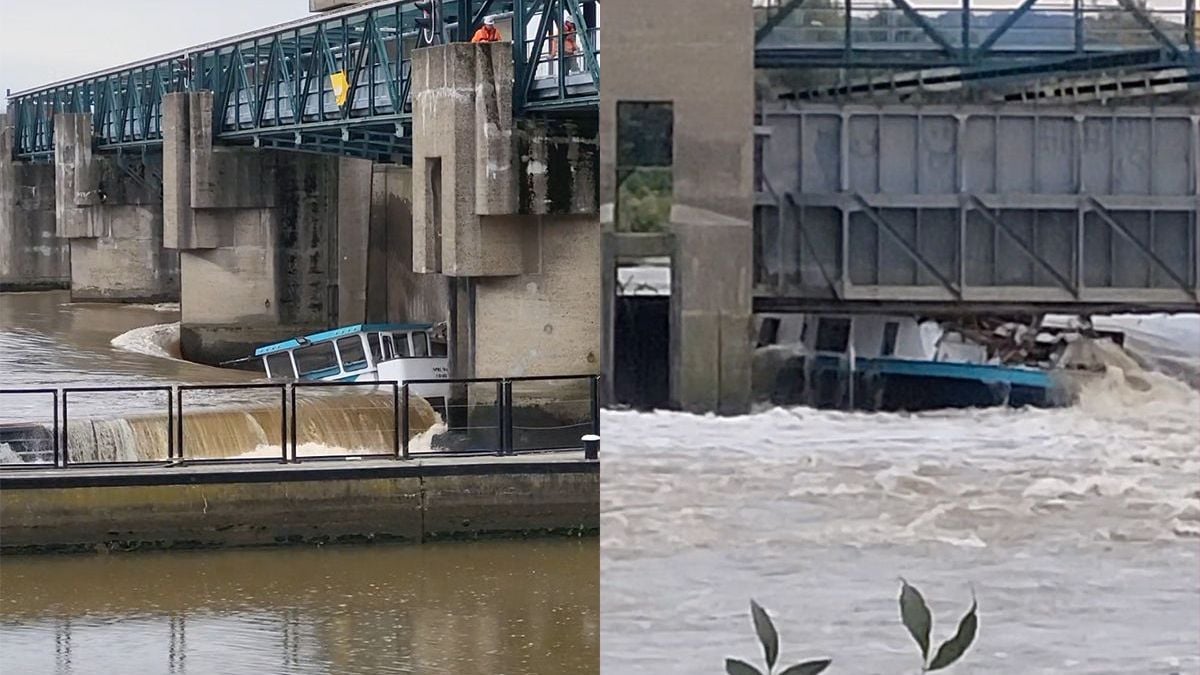 Vrachtschip komt in de knel bij stuw Maastricht