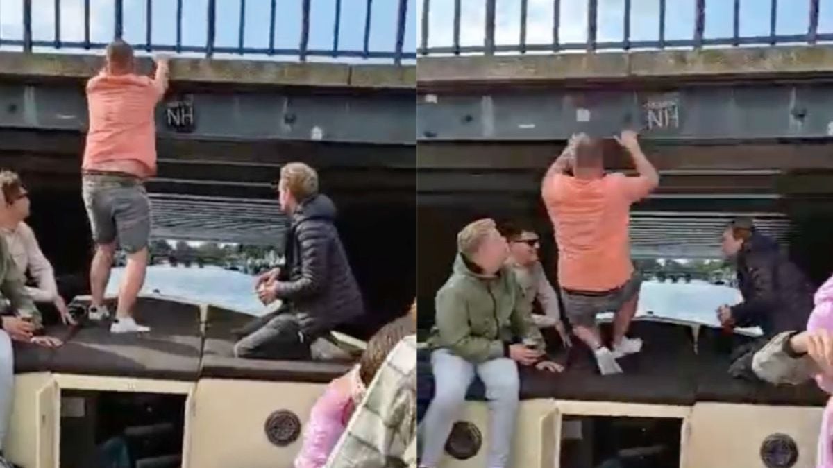 Op de brug klimmen vanuit een boot ging in Haarlem geheel niet volgens plan