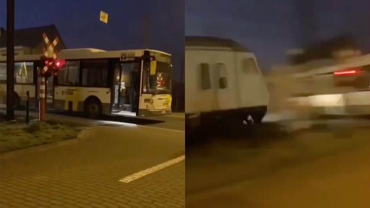 Trein ramt bus in Belgisch dorpje Veldegem, chauffeur kan passagiers op tijd uit bus halen