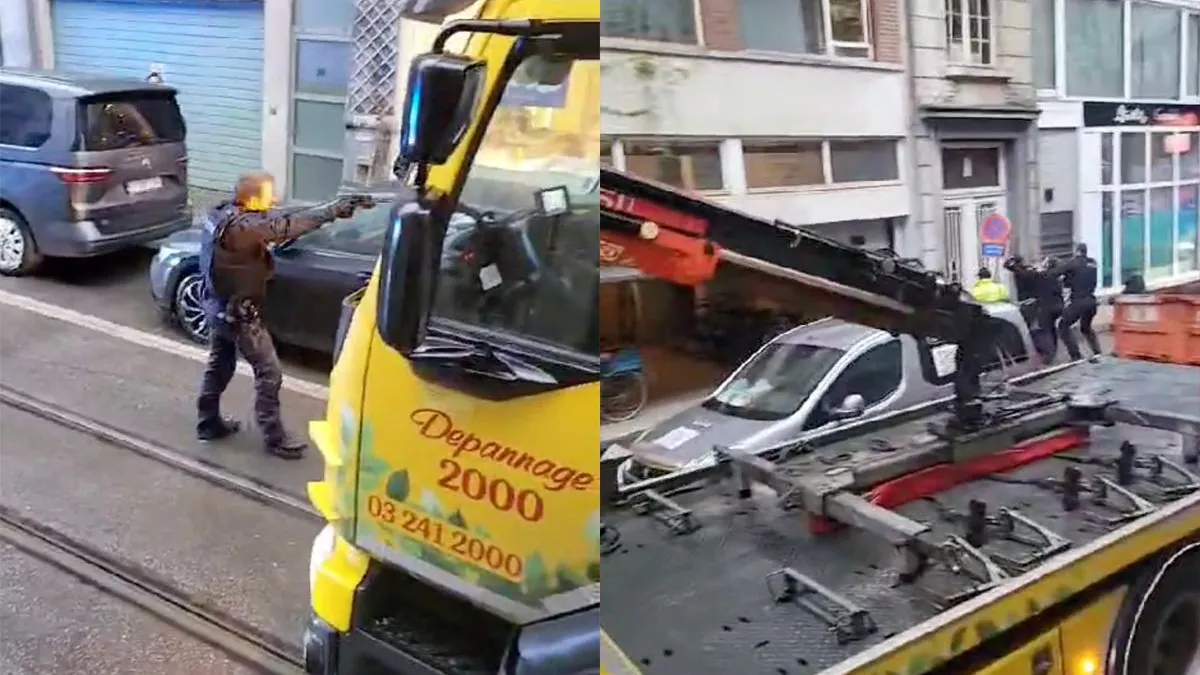 thumb vk belgische politie wordt even geholpen door iemand met een verkeersbord