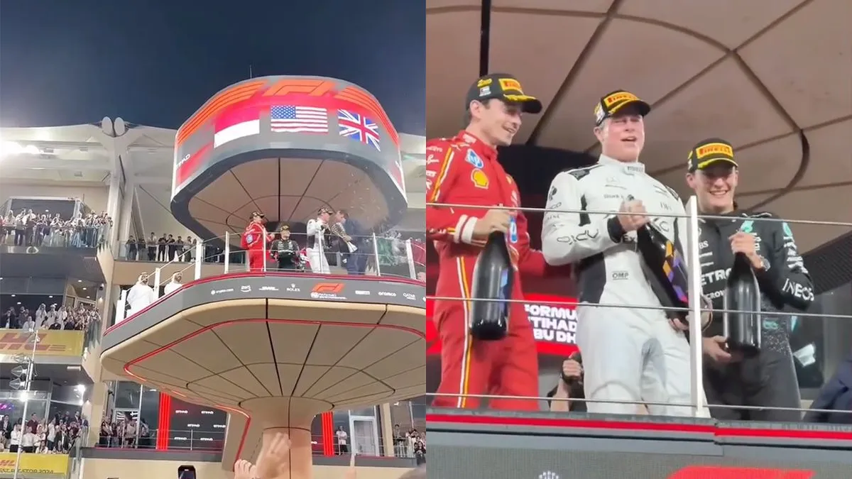 thumb vk brad pitt voor film f1 als winnaar op podium met charles leclerc en george russell