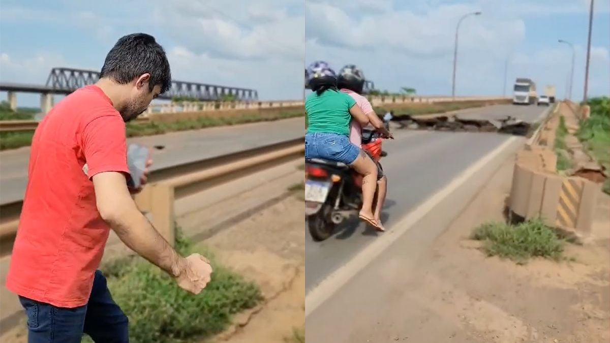 Braziliaanse verslaggever wil laten zien hoe slecht brug is, op dat moment begint brug met instorten