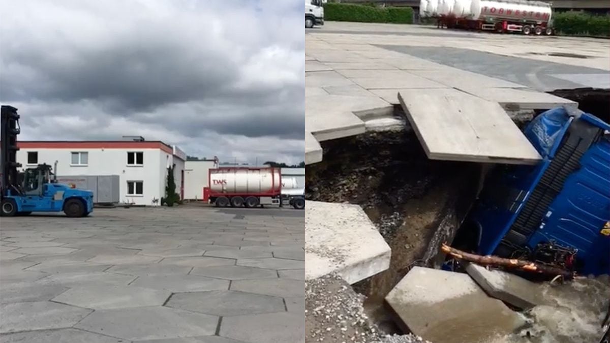 Dan heb je veel pech: chauffeur z’n vrachtwagen verdwijnt in een sinkhole