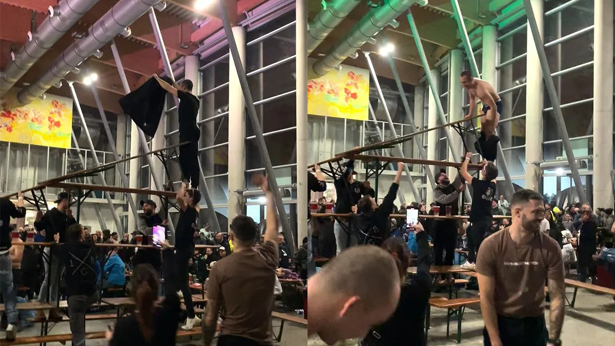 thumb vk man gaat van glijbaan van bankjes op krampus feestje