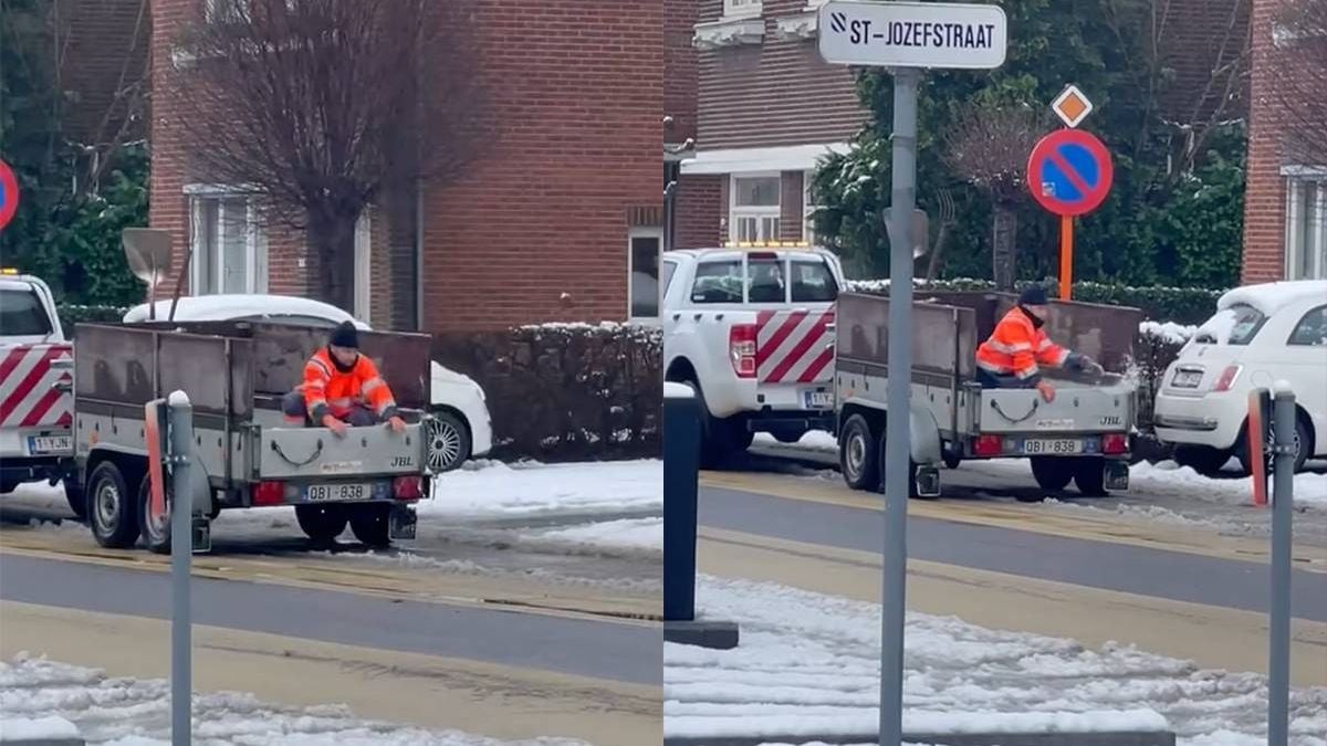 Medewerker van de maand strooit efficient zout in het Belgische Hechtel-Eksel