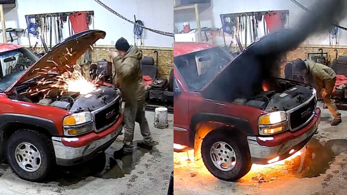 Canadese sleutelaar had toch even een heet momentje toen zijn Chevrolet Silverado in de fik vloog