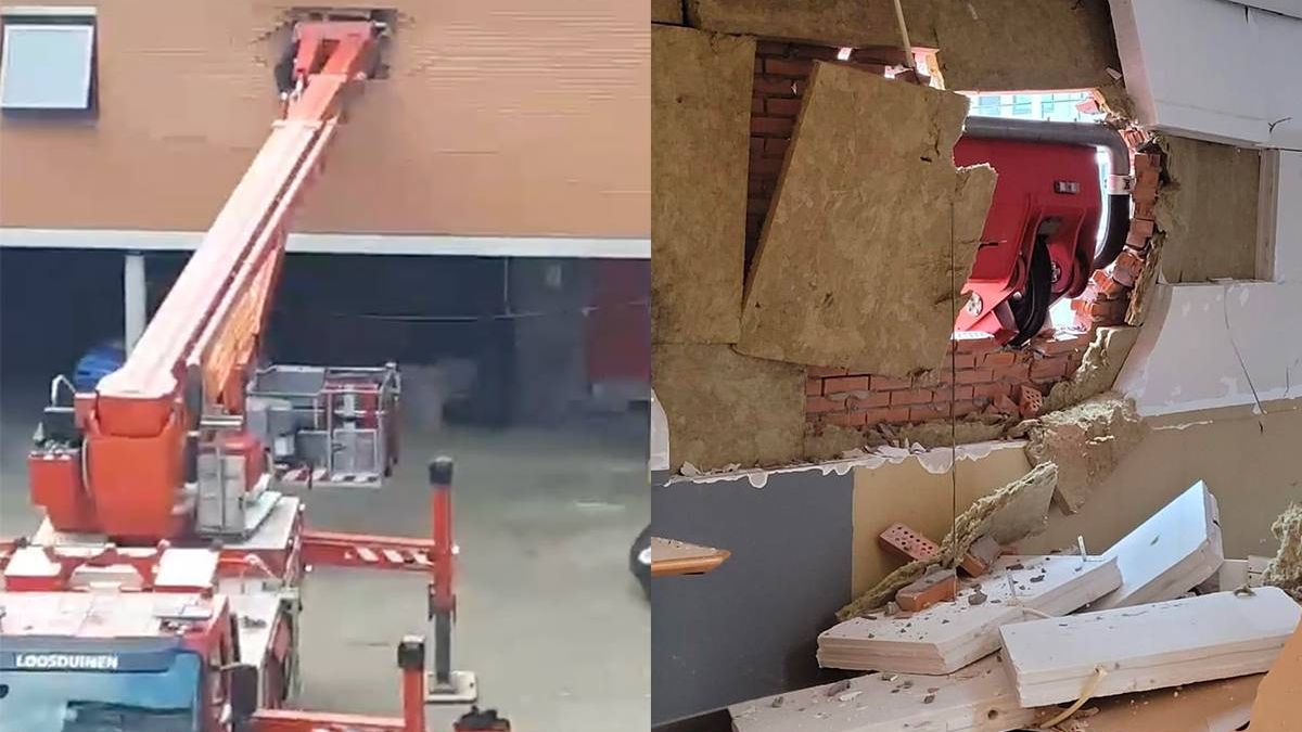 Hoogwerker van brandweer parkeert in gevel brandweerkazerne