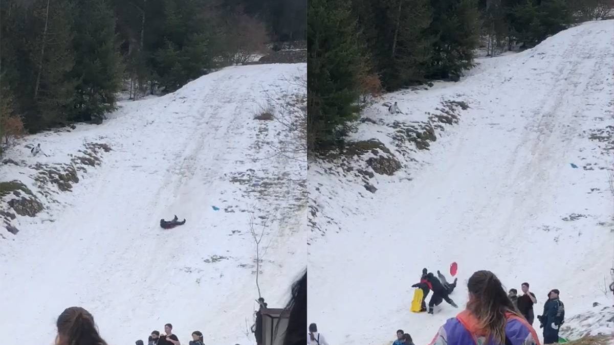 Real life kegelen op de piste: glijder gaat aan de haal met mensen