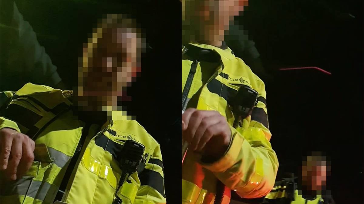 Agent is het niet meewerken zat en uiteindelijk mag jongeman toch uitstappen en armen spreiden