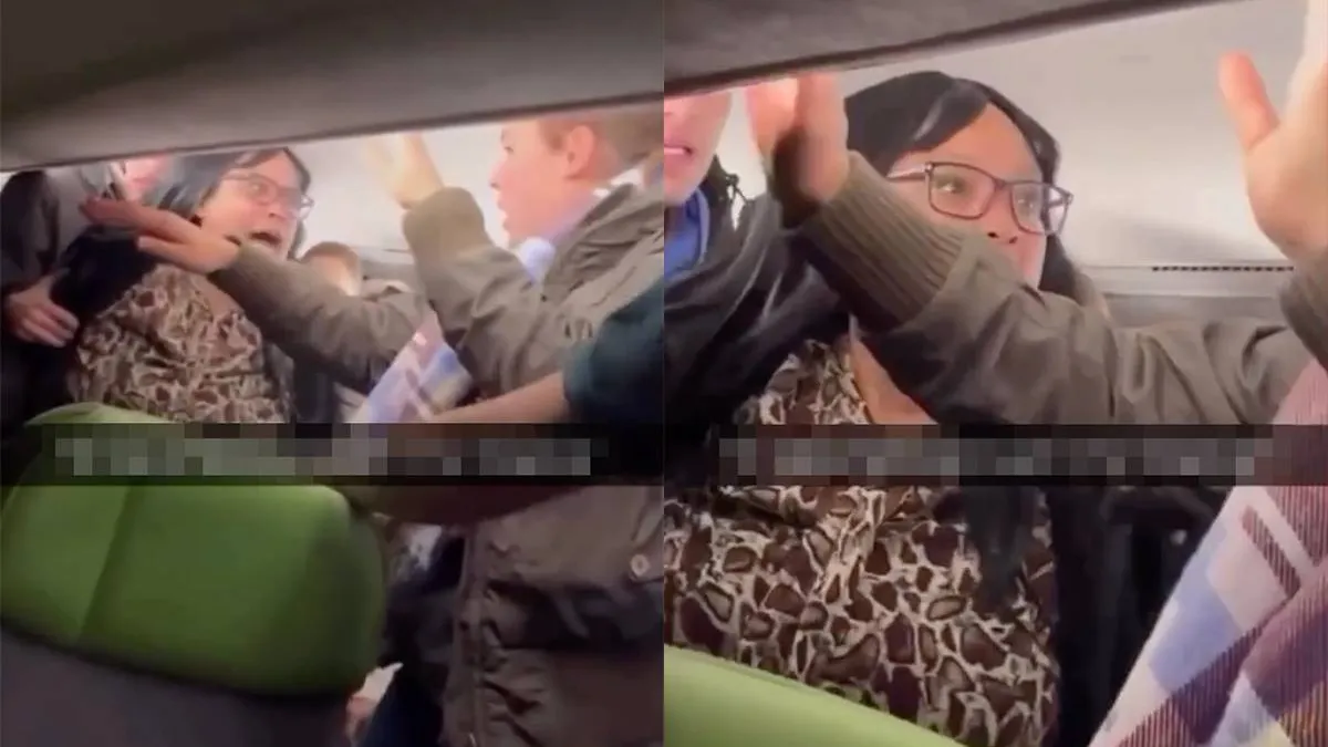thumb vk vrouw trekt opmerking over haar moeder niet en gaat op de vuist in een vliegtuig