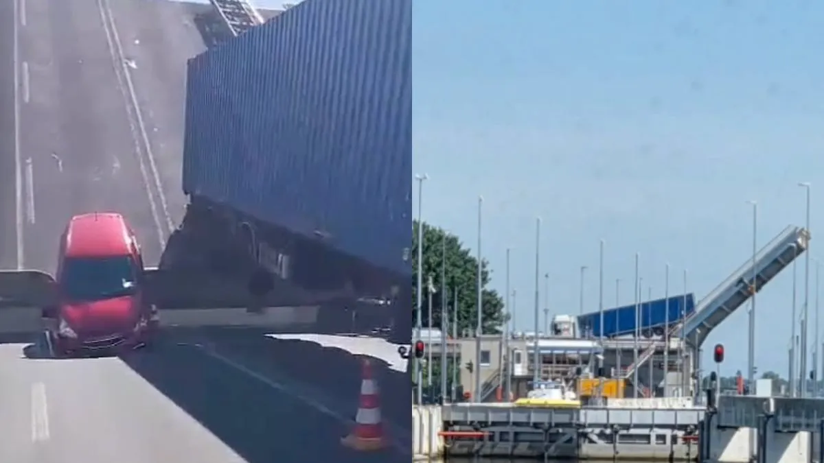 thumb vk brug in friesland gaat omhoog terwijl auto en vrachtwagen nog op brugdek staan