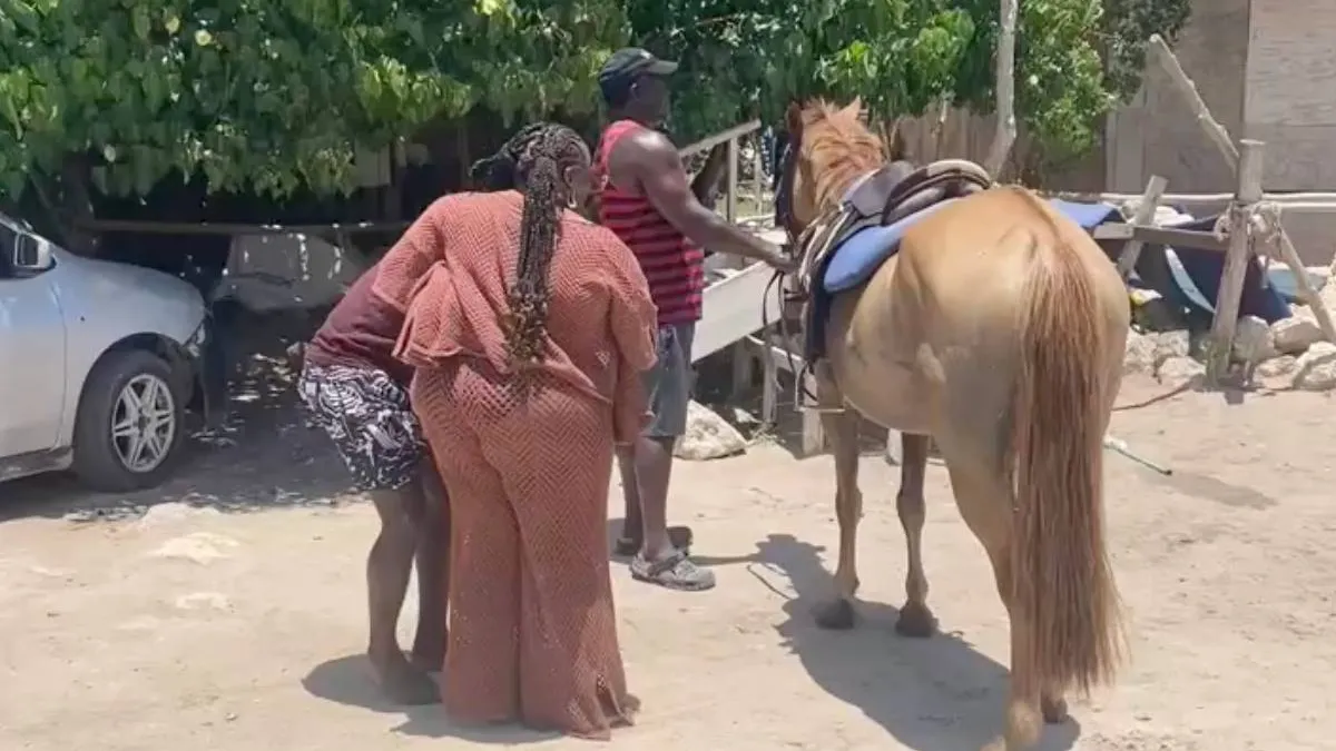 thumb_vk_Vrouw_met_een_paar_maten_meer_laat_zich_op_paard_tillen_in_Jamaica