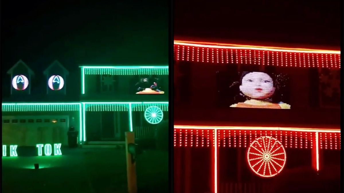 Halloween verlichting in teken van Squid Game spelletje Green Light Red Light