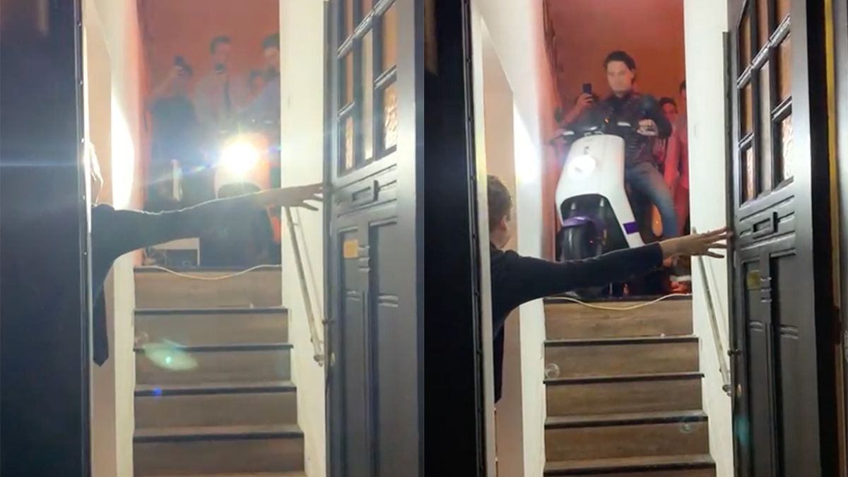 Met een deelscooter van een trap af rijden is nooit een goed idee
