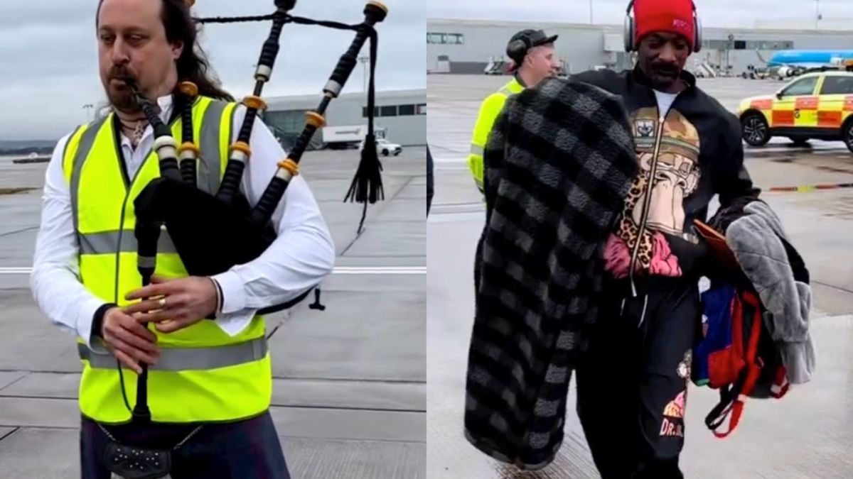 Still D.R.E op de doedelzak in Glasgow om Snoop Dogg te verwelkomen