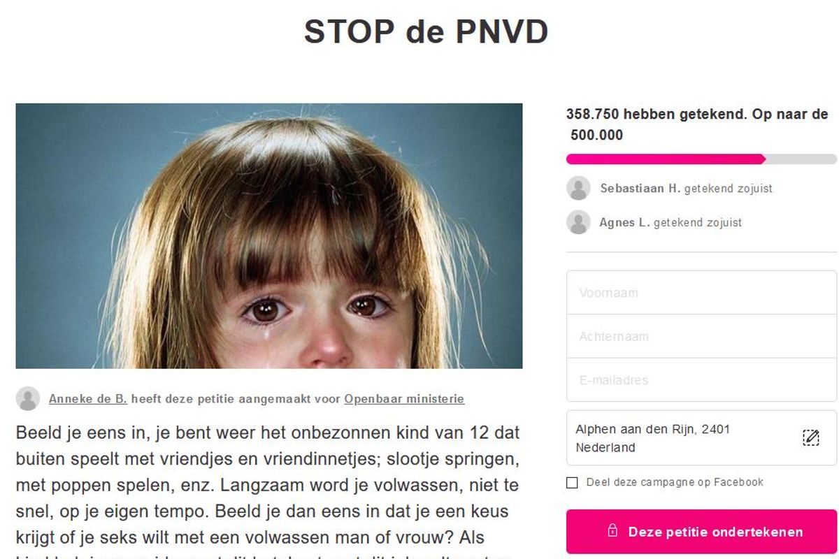 Petitie om uit de dood herrezen perverse pedopartij PNVD te verbieden gaat als een speer: 350.000 handtekeningen