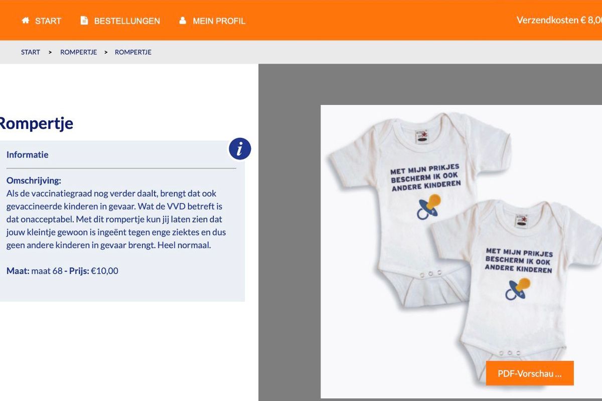Kritiek op babykleding met pro-vaccinatieteksten in VVD-webshop: "Met mijn prikjes bescherm ik ook andere kinderen"