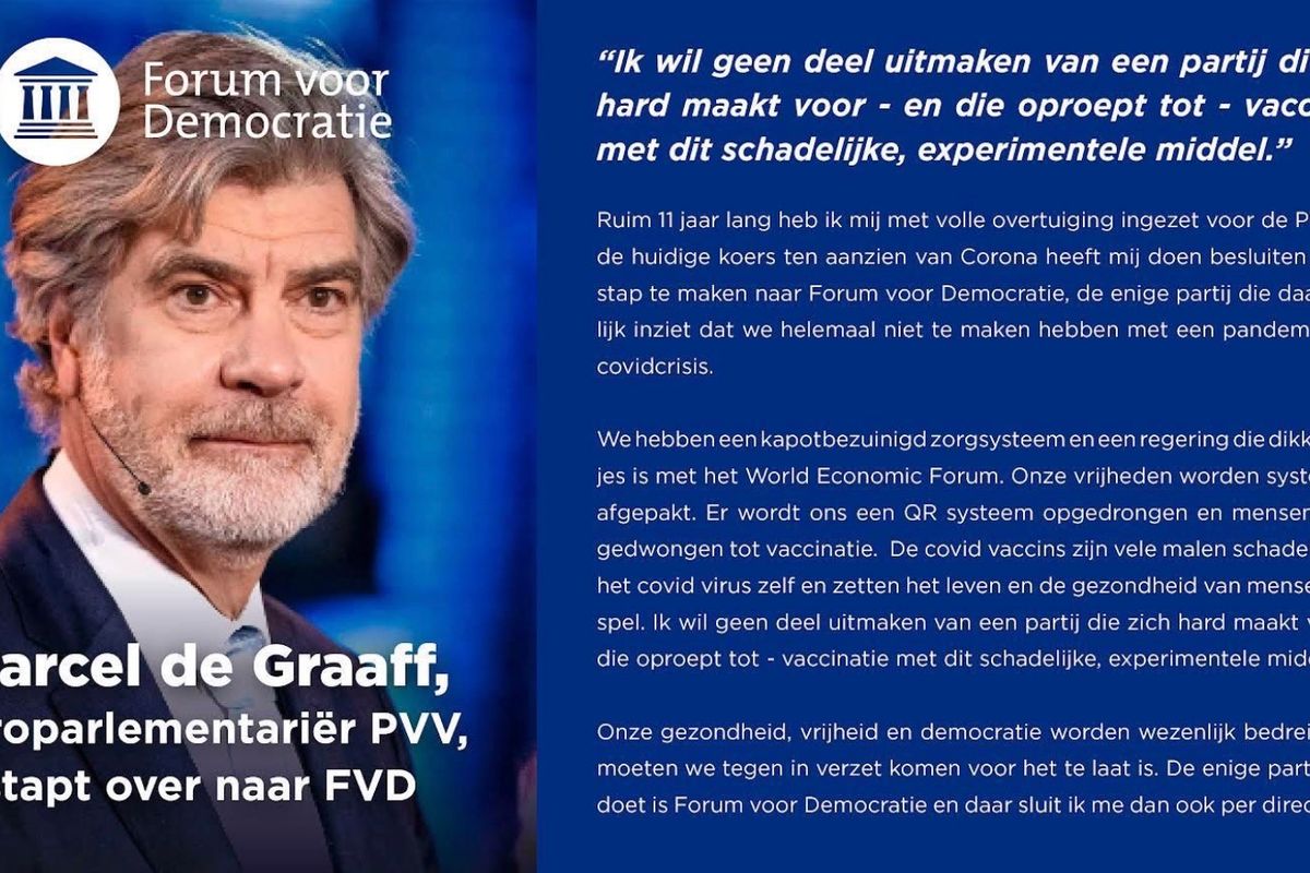 BREEK! PVV-europarlementariër Marcel de Graaff stapt over naar FVD: 'Ik wil geen deel uitmaken van een partij die deze vaccins promoot'