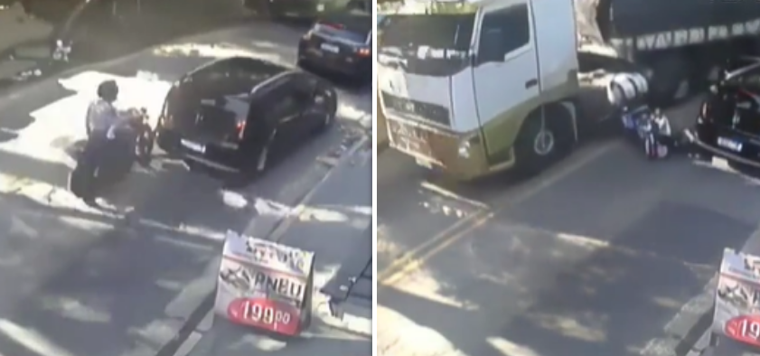Hallucinante beelden: motard botst op auto en komt dan nog eens onder vrachtwagen terecht!