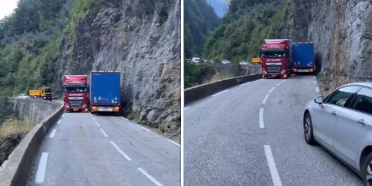 Vrachtwagens die elkaar moeten passeren in de Savoie, dat levert wel wat spektakel op