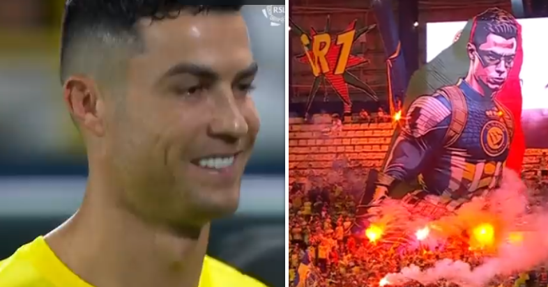 Geweldige tifo voor Cristiano Ronaldo, die de fans bedankt met fenomenale vrije trap