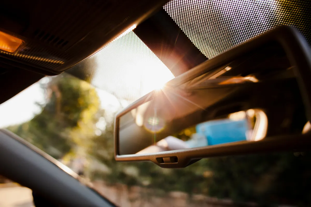 close up rearview mirror sunshine