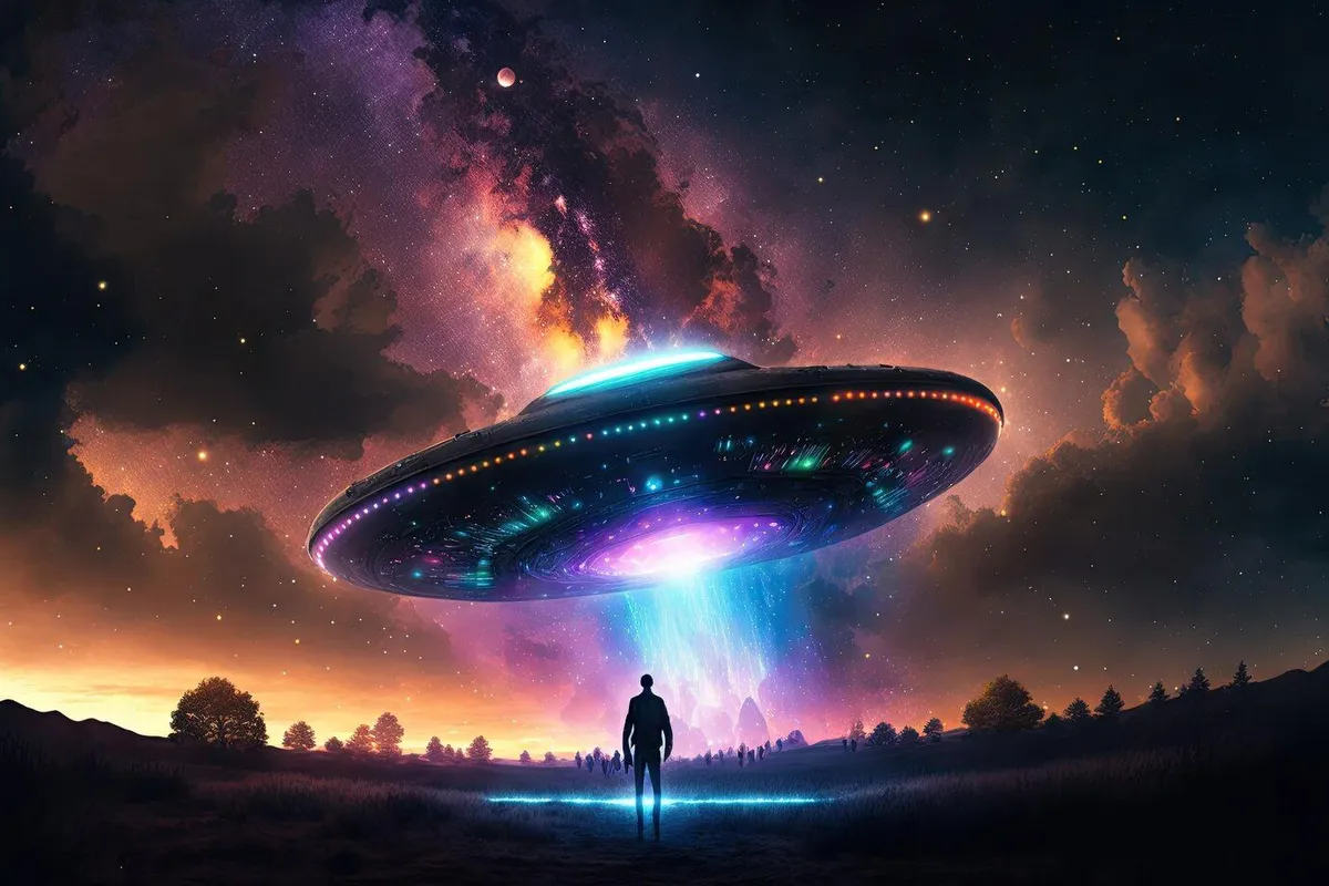 painting spaceship being lifted up by galaxy 123827 23492
