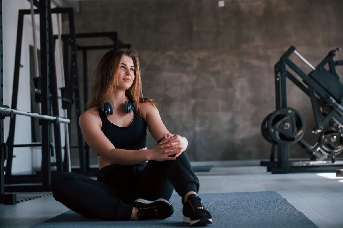 headphones neck photo gorgeous blonde woman gym her weekend time