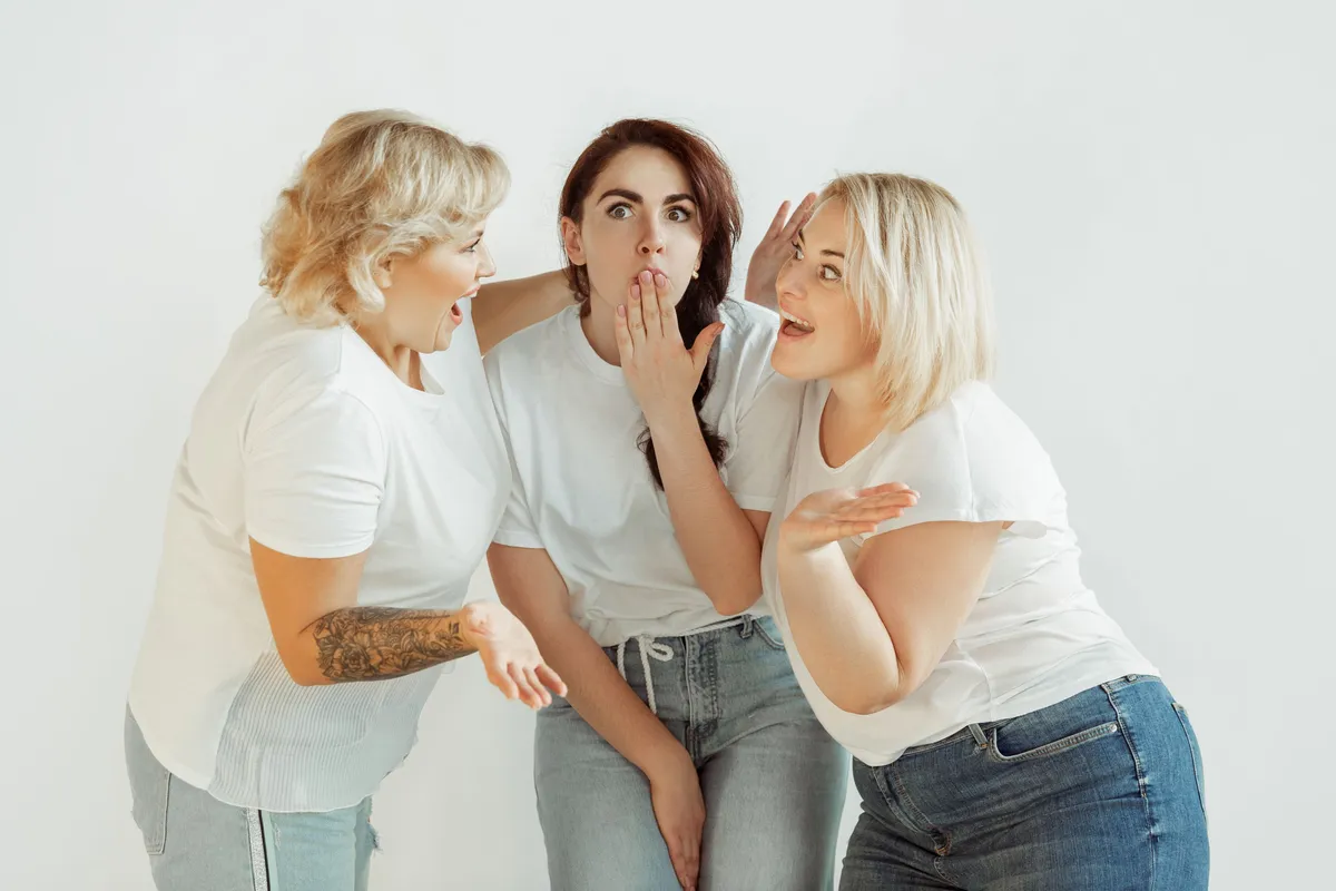 secrets young caucasian women casual clothes having fun together friends posing white background laughting looks happy well kept bodypositive feminism loving themself beauty concept