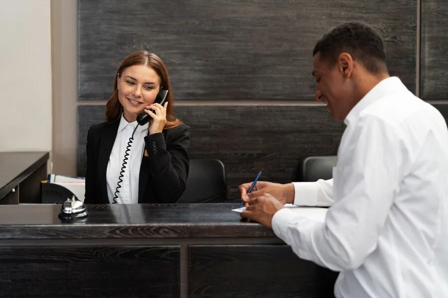 receptionist elegant suit work hours with customer 23 2149714436