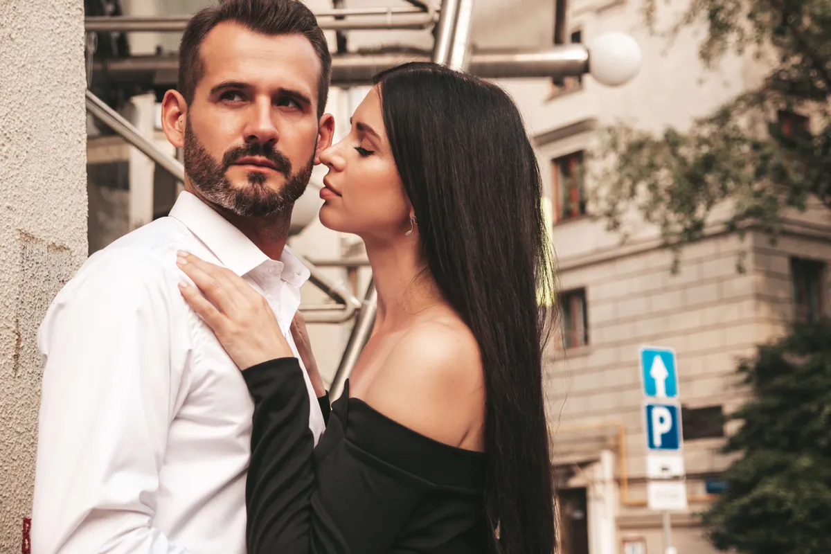beautiful fashion woman her handsome elegant boyfriend suit sexy brunette model black evening dress fashionable couple posing street europe brutal man his female outdoors 2
