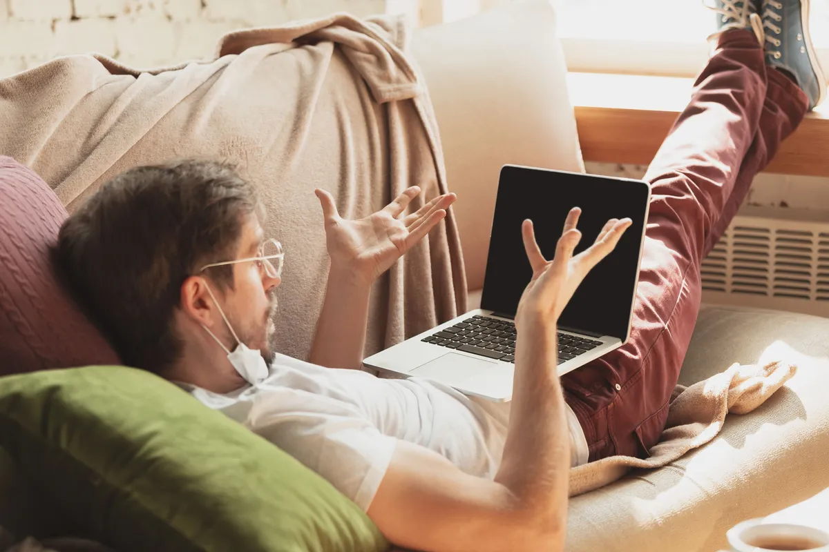 young man studying home online courses journalist critics writers