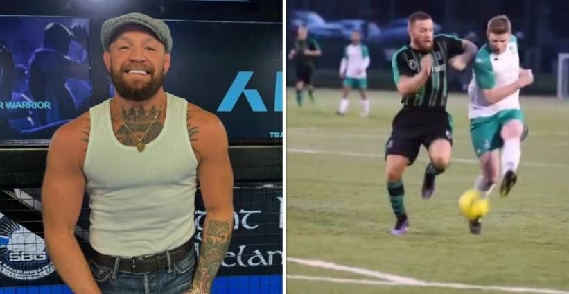 Plots duikt Conor McGregor op tijdens een voetbalmatch, waar hij "kaken en neuzen breekt"