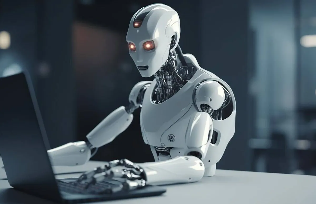 robo advisor chatbot robotic concept robot finger point laptop button generative ai 260559 476