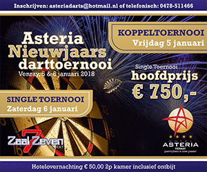 Asteria Nieuwjaars-Darttoernooi5 en 6 januari overnachting voor €50
