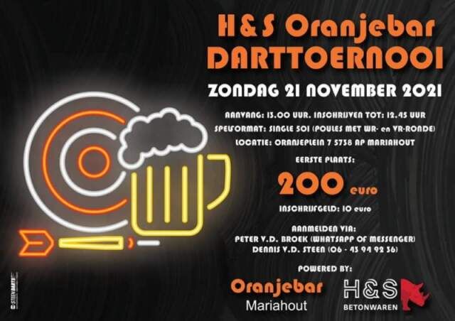 Oranjebar/H&S Betonwaren organiseren zondag open darttoernooi