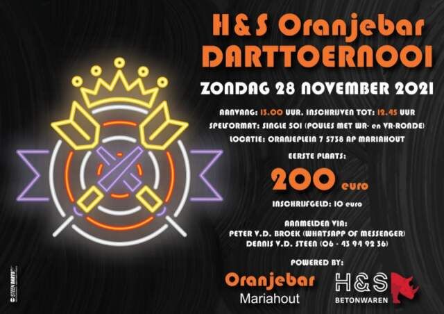H&S Oranjebar darttoernooi deze zondag in Mariahout