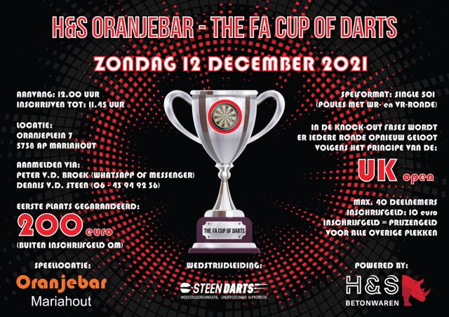 H&S en Oranjebar organiseren op zondag The FA Cup of Darts