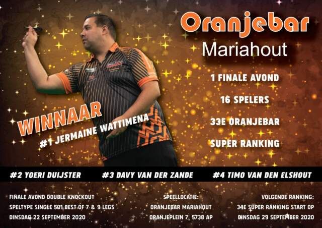 Finaledag van van 25e Oranjebar Super Ranking levert winst op voor Jermaine Wattimena