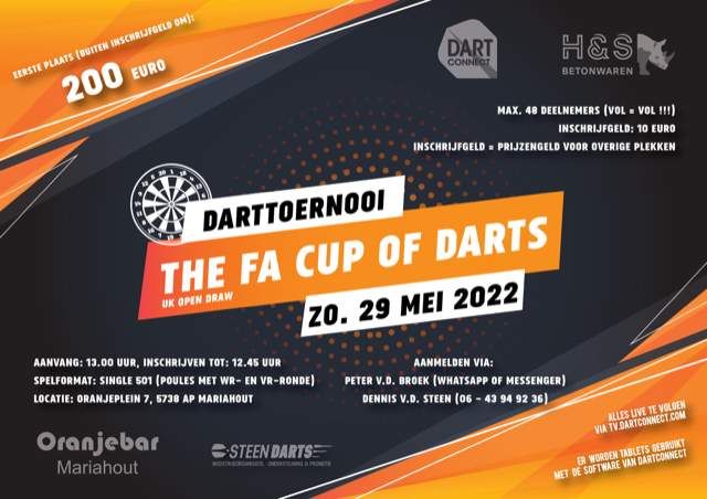 Oranjebar organiseert “FA Cup of Darts” voor maximaal 48 spelers