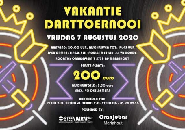 Oranjebar en Steen Darts organiseren vrijdag 7 augustus Vakantie Darttoernooi