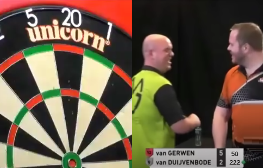 Komische reactie Van Duijvenbode met Van Gerwen op bull voor 10-darter