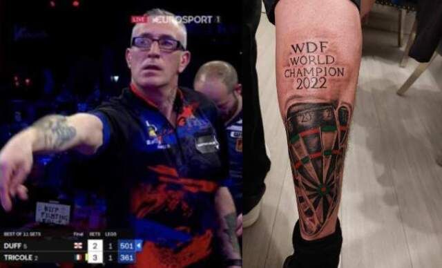 Neil Duff legt zijn WDF-titel vast met grote tatoeage op zijn been