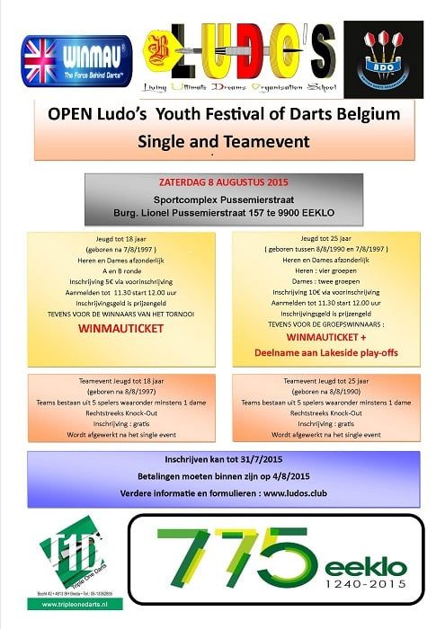Eerste Open Ludo's Youth Festival of Darts Belgium op 8 augustus 2015