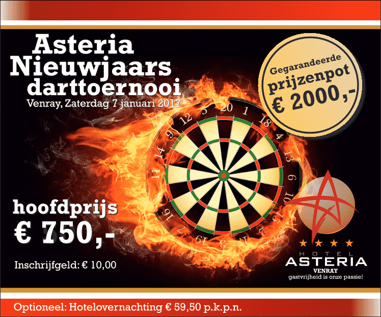 Zaterdag 7 januari 2017: Asteria Nieuwjaar dartstoernooi in Venray