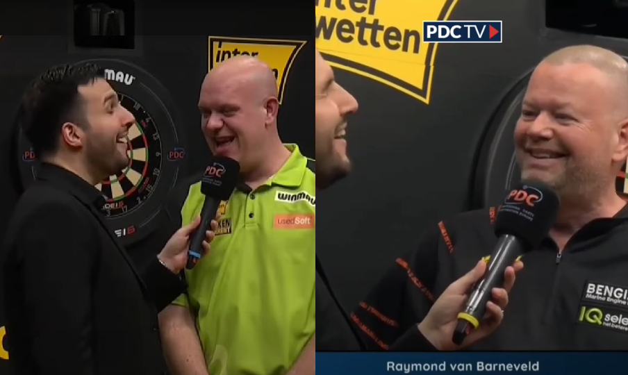 VIDEO: Van Barneveld geeft Van Gerwen een koekje van eigen deeg in interview