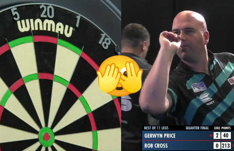 Beelden Rob Cross die pijnlijke blunder begaat in duel met Gerwyn Price