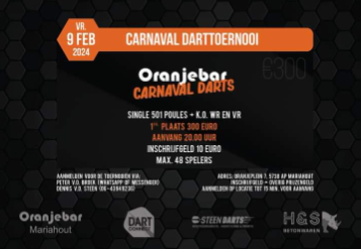 Komende vrijdag 9 februari is het tijd voor het Oranjebar Carnavals Darttoernooi 2024