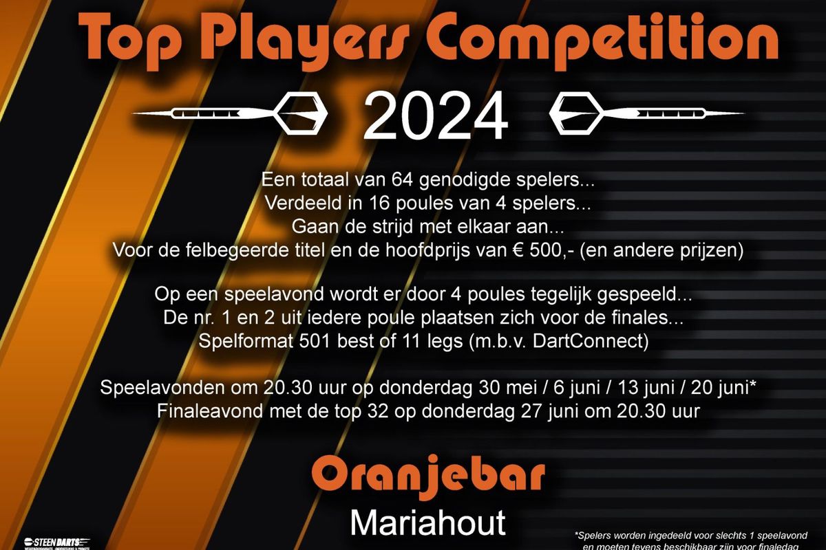 Toernooiaankondiging: Oranjebar start opnieuw met de TOP Players Competition